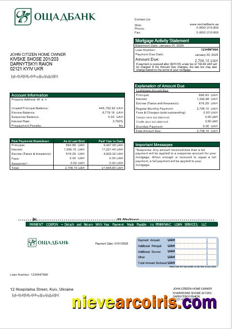 Ukrainian Oshadbank mortgage statement